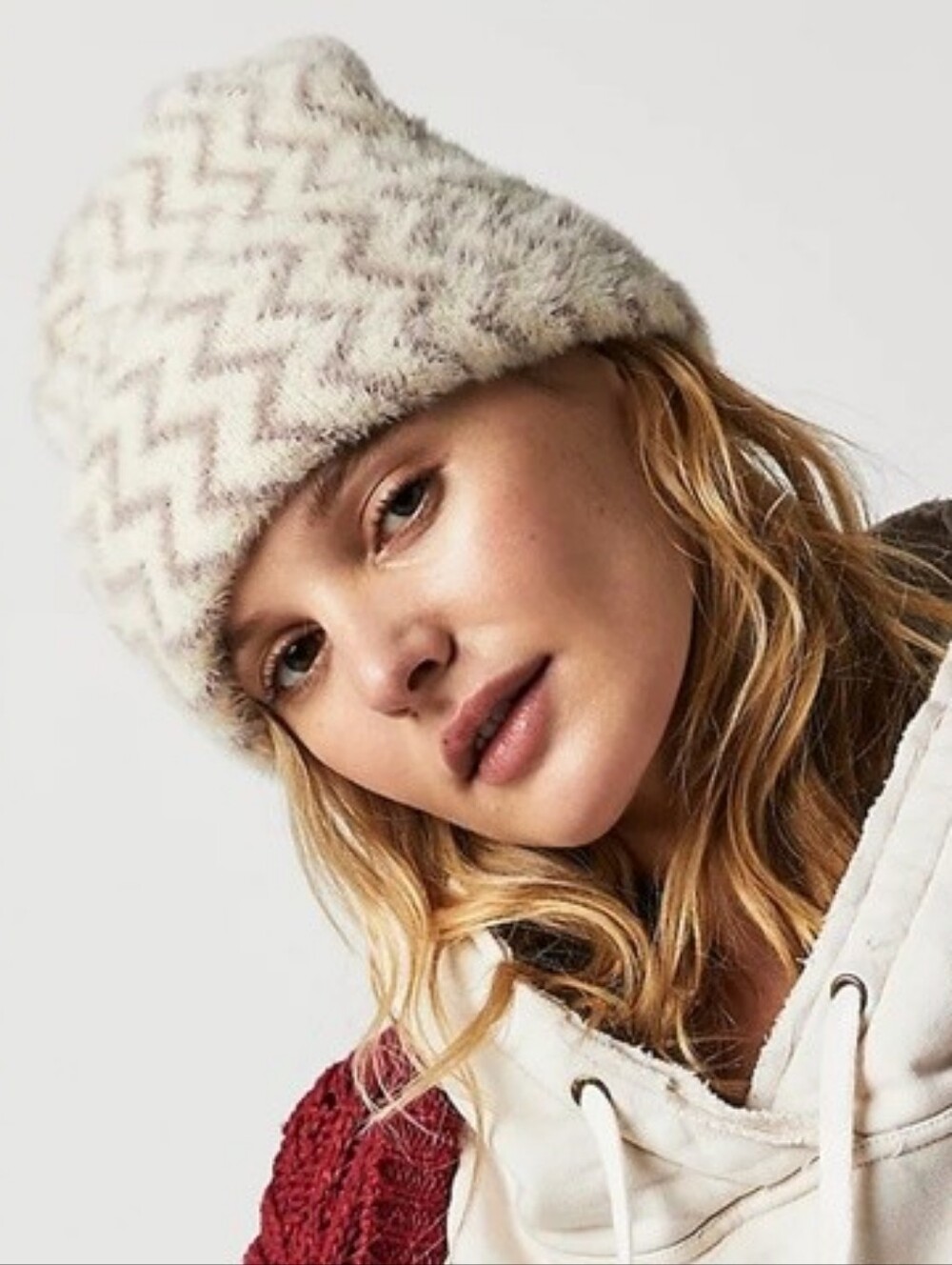 Free People Ziggy Fuzzy Beanie Printed Beige Cream One Size